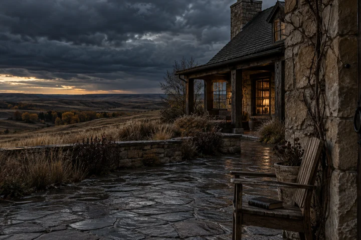 Imagined private southern Alberta stone courtyard with a close sandstone pier, old timber door and wooden chair, a glowing library window and distant rolling prairie coulees beneath storm cloud