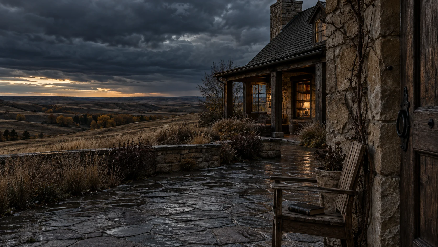 Imagined private southern Alberta stone courtyard with a close sandstone pier, old timber door and wooden chair, a glowing library window and distant rolling prairie coulees beneath storm cloud