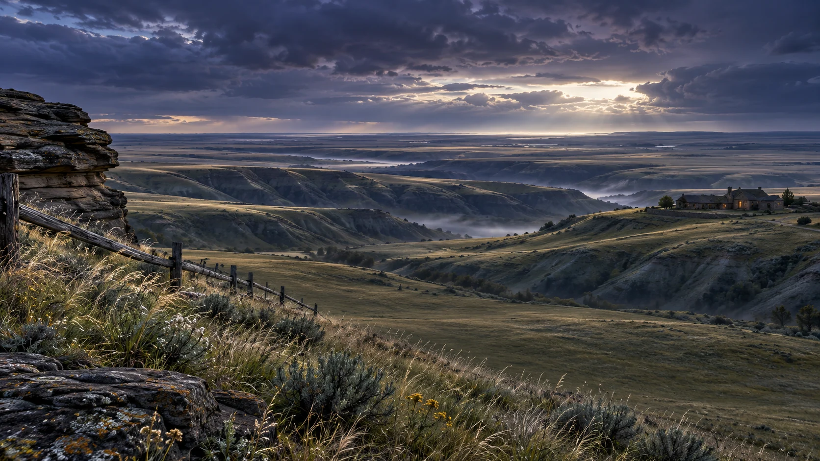 Imagined southern Alberta prairie at dusk, with close sandstone and grasses, overlapping coulee ridges and a small country home beneath a silver horizon.