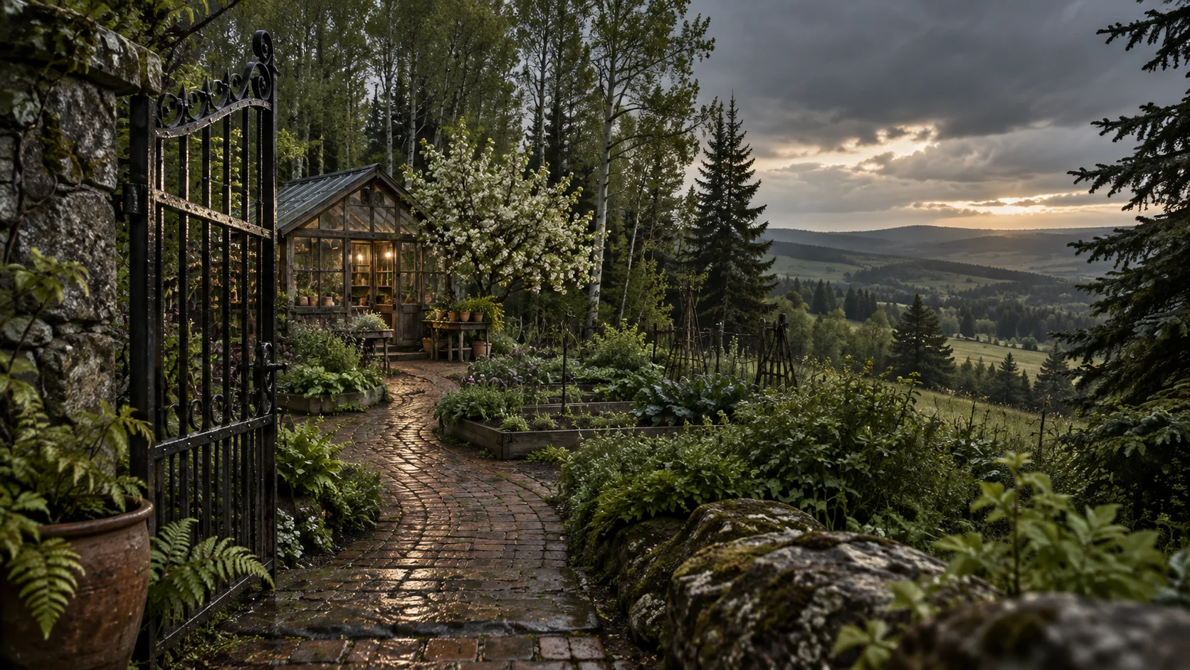 Imagined late-spring Alberta country garden with a close iron gate and lichen-covered stone, rain-dark brick path, new foliage, a warm timber-and-glass potting room and distant wooded parkland ridges