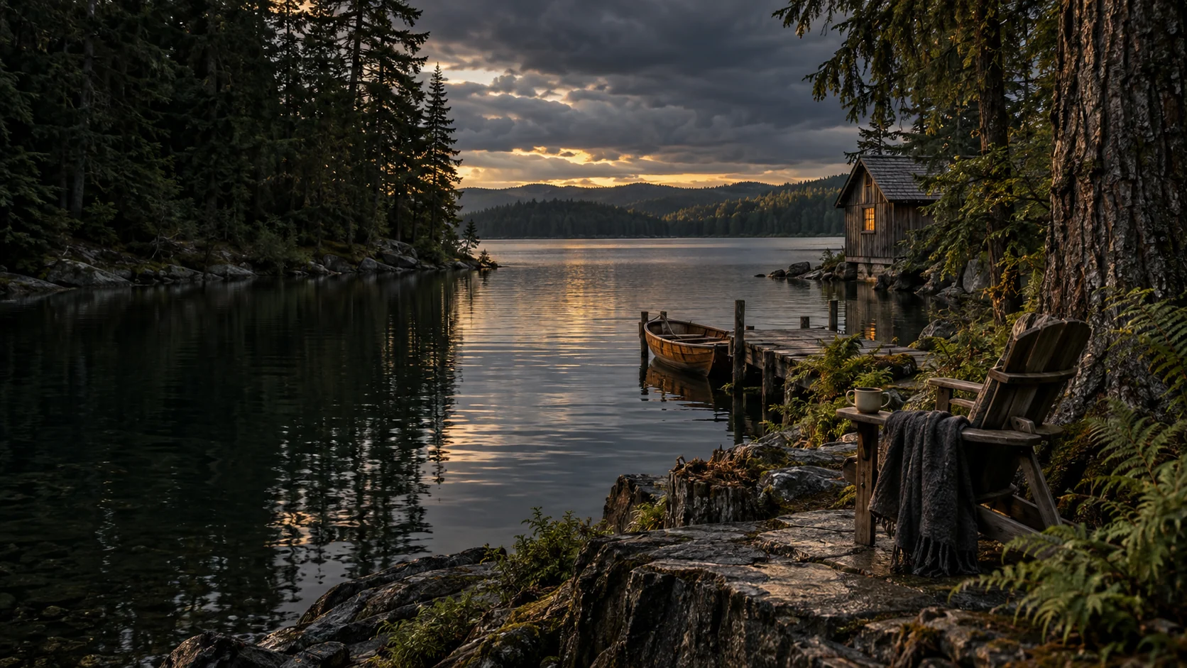 Imagined Alberta summer lake shore with close spruce, wet stone and fern, a cedar chair and cup, a small wooden boat beside a landing, a warm cedar boathouse and layered forested shores under evening cloud