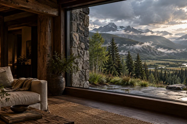 Imagined shadowed timber living room with a rough stone window jamb overlooking a terrace, aspen, green meadows, a narrow distant river and misty wooded hills