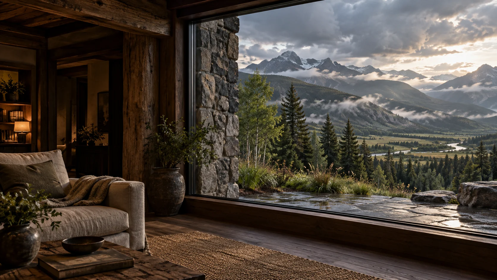 Imagined shadowed timber living room with a rough stone window jamb overlooking a terrace, aspen, green meadows, a narrow distant river and misty wooded hills