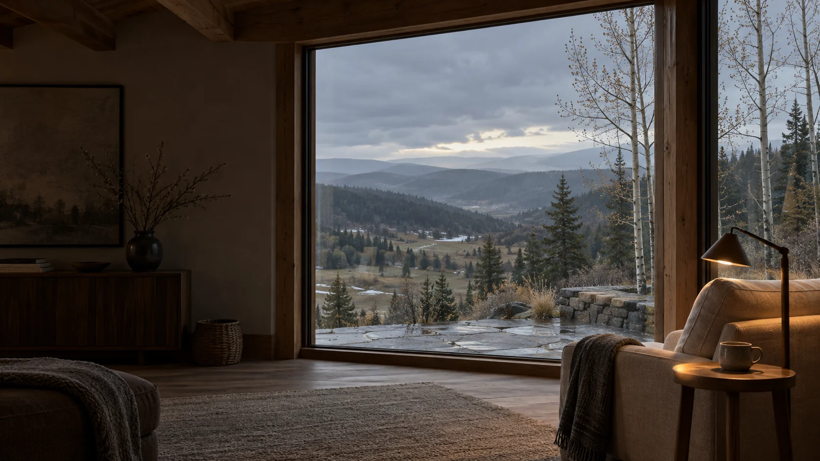 Imagined shadowed country room with a timber window reveal, reading chair and lamp overlooking bare spring aspen, retreating snow, meadow and layered misty foothills