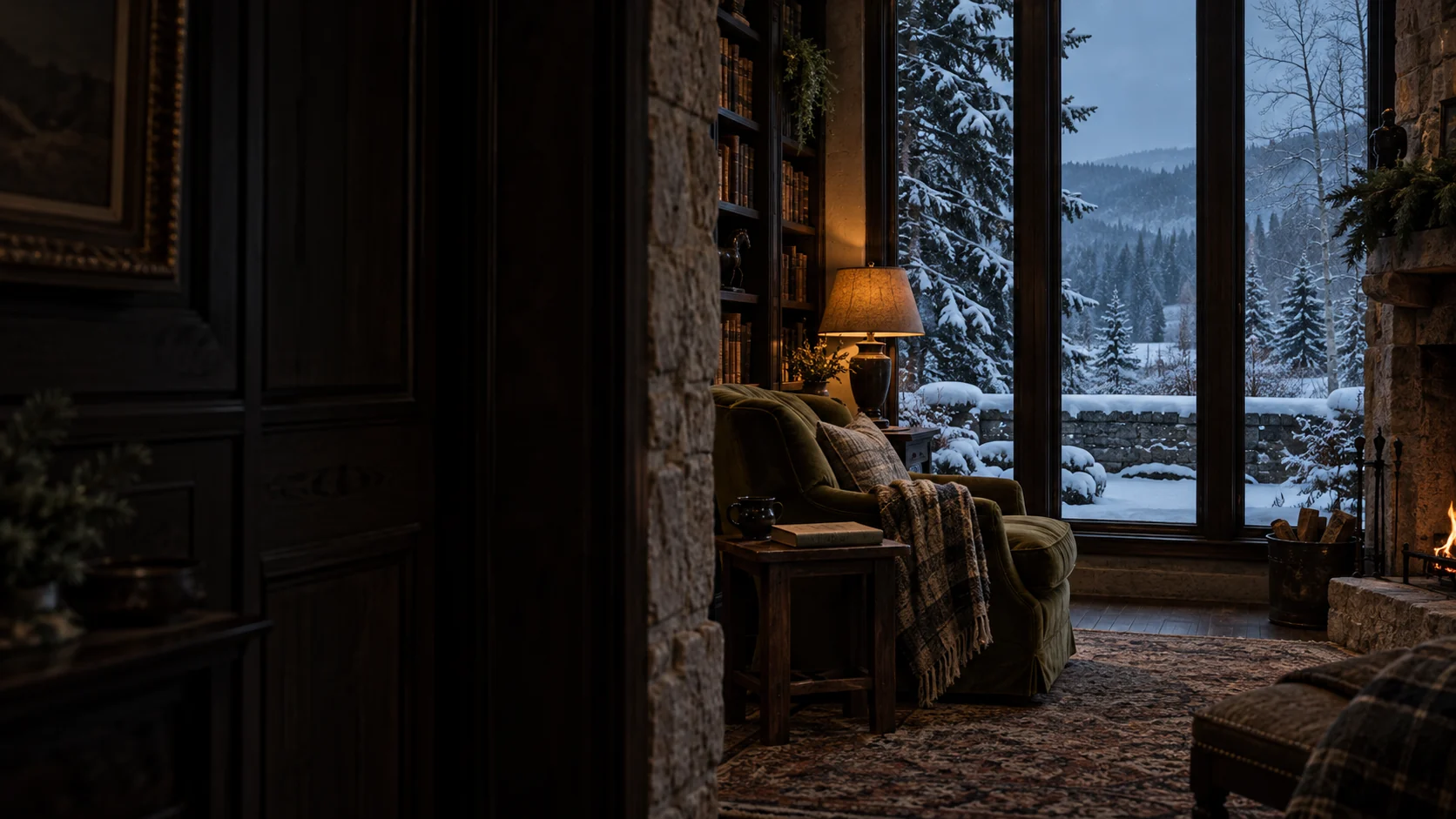Imagined Alberta winter library with close limestone and oak, an olive reading chair, amber lamp and small fireplace beside windows onto snowy spruce, bare aspen and a distant wooded ridge