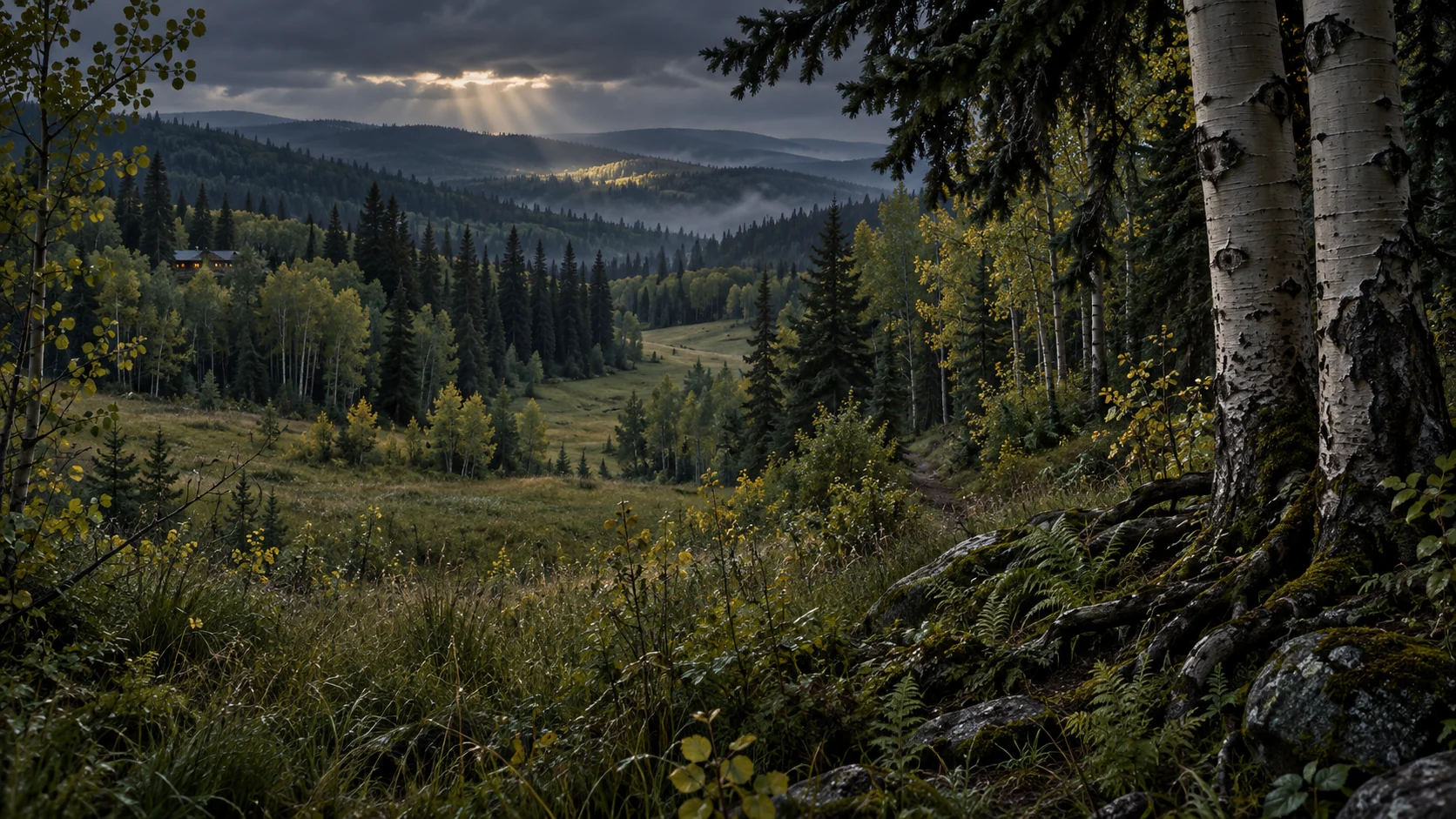 Imagined Alberta woodland with close aspen trunks, spruce boughs and roots framing a long grassy glade, overlapping forest ridges and a small distant country home.